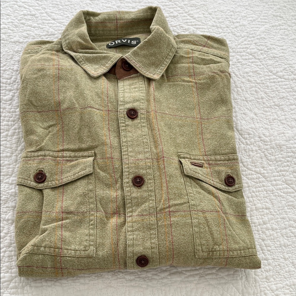 Two Orvis Men's Olive & light blue Plaid Shirts